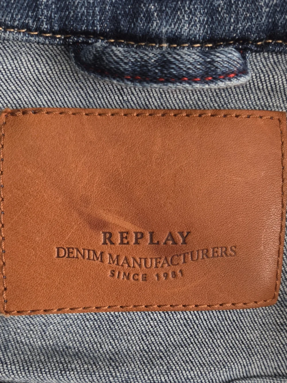 Replay Leather Logo Patch Blue Distressed Denim Jacket Size XXL